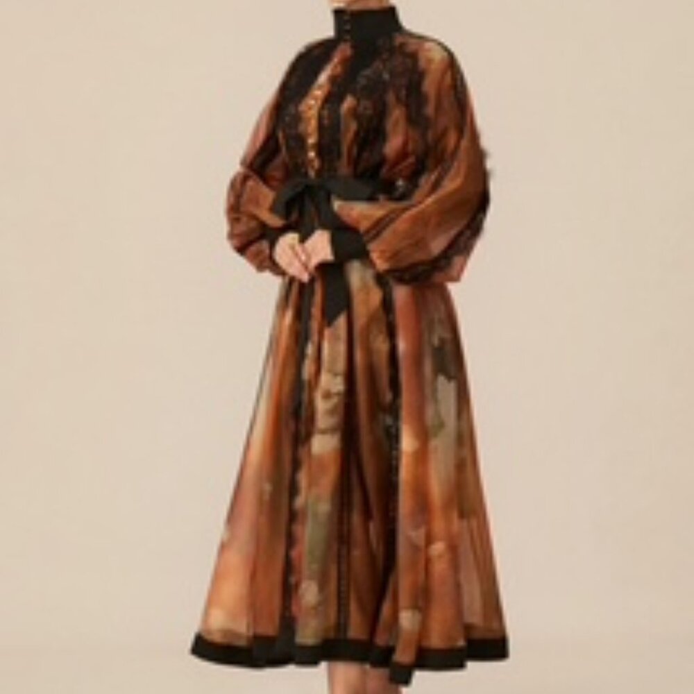 Sunfere Sheer Dress, orange w/black lace, no size listed but fits like L/XL
